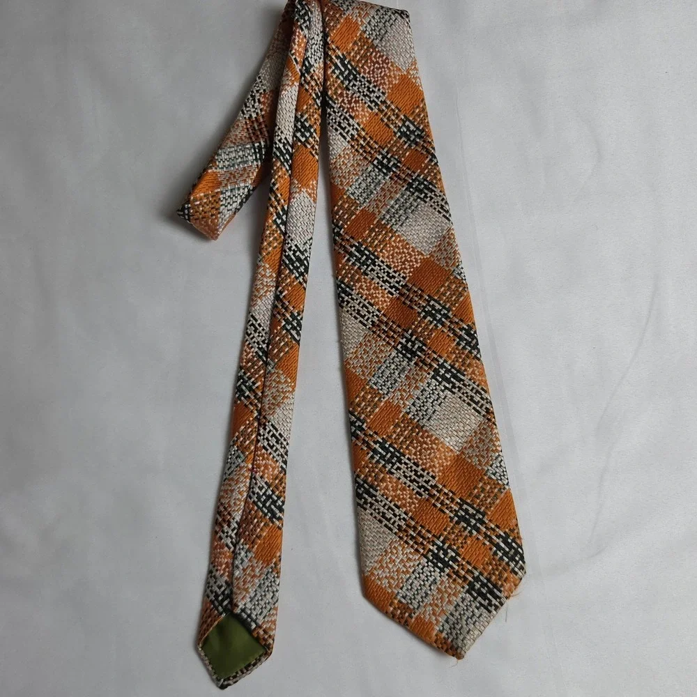 VTG 70s Wemlon By Wembley Tie Wide Orange & Black Plaid Necktie